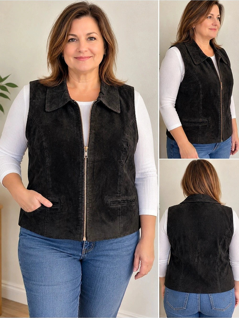 Vintage 90s Hunt Club Women’s Size 14 Black Suede Leather Vest Zip Front